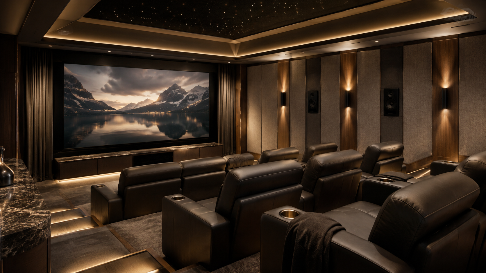 Private home theater with leather seating, a large screen, integrated speakers, acoustic wall panels and a starlit ceiling